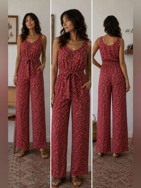 Red Floral Jumpsuit Vintage 90s